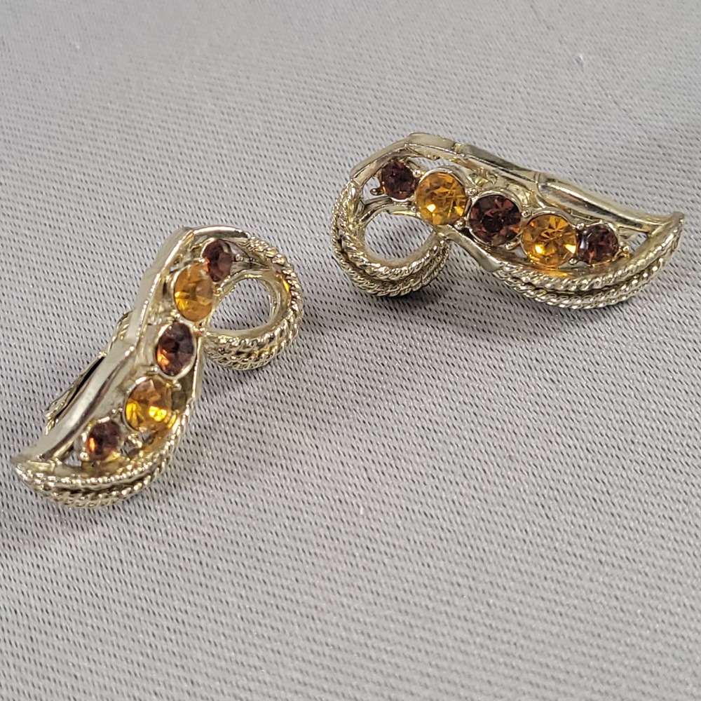 Vintage Coro Gold Tone Honey Cognac Rhinestone Swirl Clip On Earrings